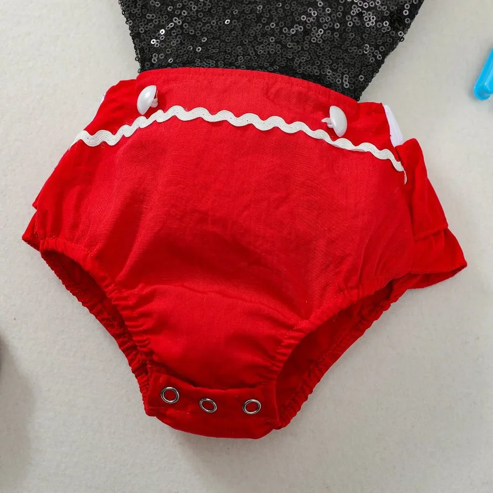 Minnie Mouse Baby Girls Sequin Romper Jumpsuit & Ear Headband Outfit Set
